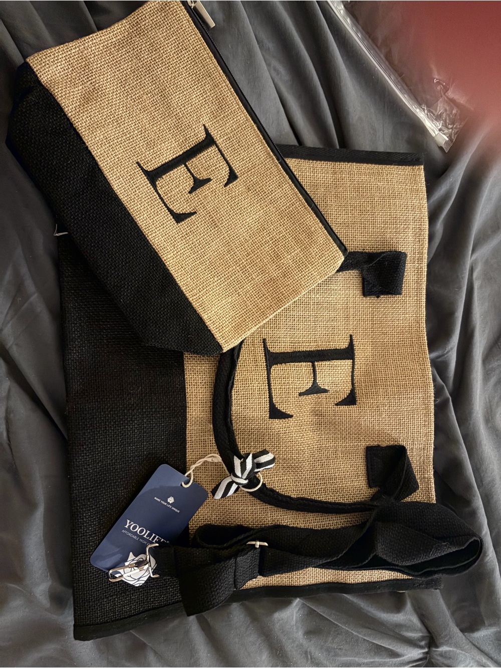Beige & Black Monogrammed Shoulder Tote with Matching Pouch